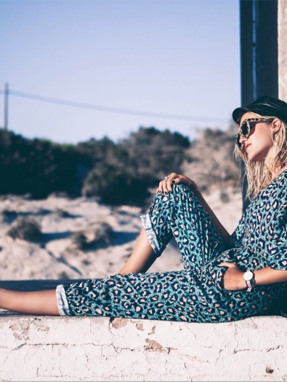 H&M Limited Edition Leopard Print Faux Wrap Jumpsuit | Teal with Pink Spots | 6